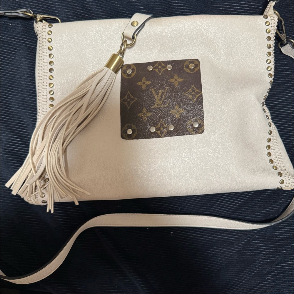 White and Brown Crossbody Bag with Tassel and Monogram